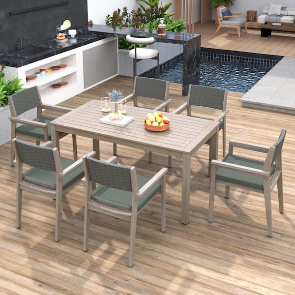 Unbranded Whitewashed 7-Piece Wood Outdoor Dining Set with Rattan Backrest and Grayish Green Cushions for Patio and Backyard