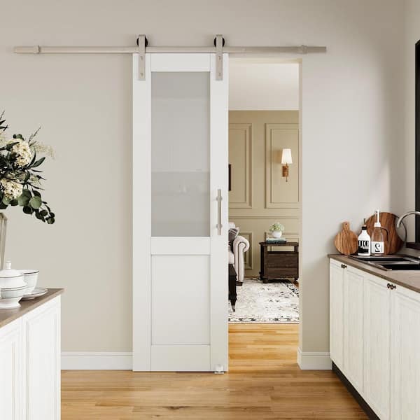 18 in. x 80 in. 1/2-Lite Tempered Frosted Glass White Finished MDF Sliding Barn Door with Hardware Kit Nickel Plated