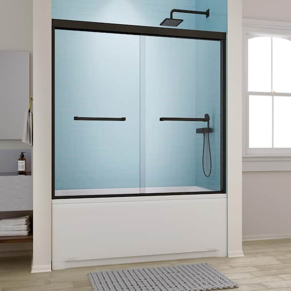 Streamline Liro 60 in. W x 58 in. H Sliding Bathtub Door, CrystalTech Treated 5/16 in. Tempered Clear Glass, Matte Black Hardware
