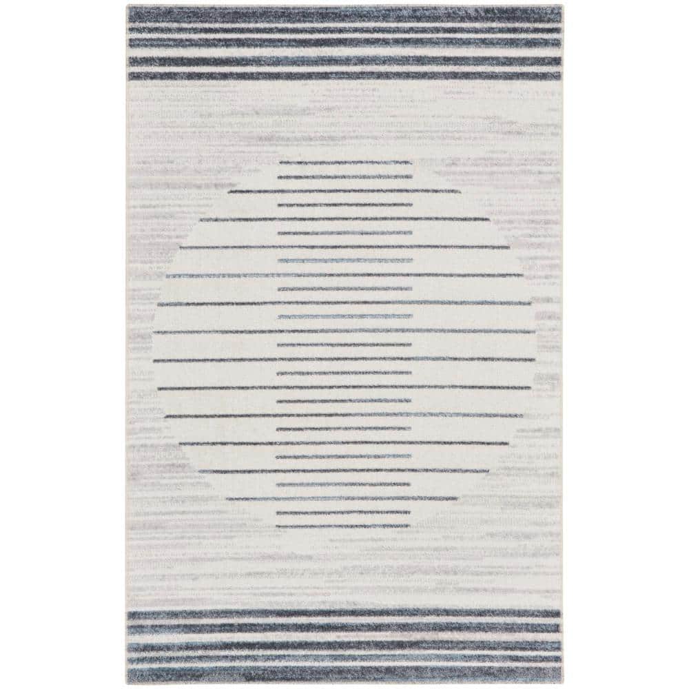 Blue and White Striped Synthetic 5' x 7' Washable Rug