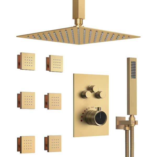 GRANDJOY Multiple Press 7-Spray Ceiling Mount 12 in. Fixed and Handheld Shower Head 2.5 GPM in Brushed Gold