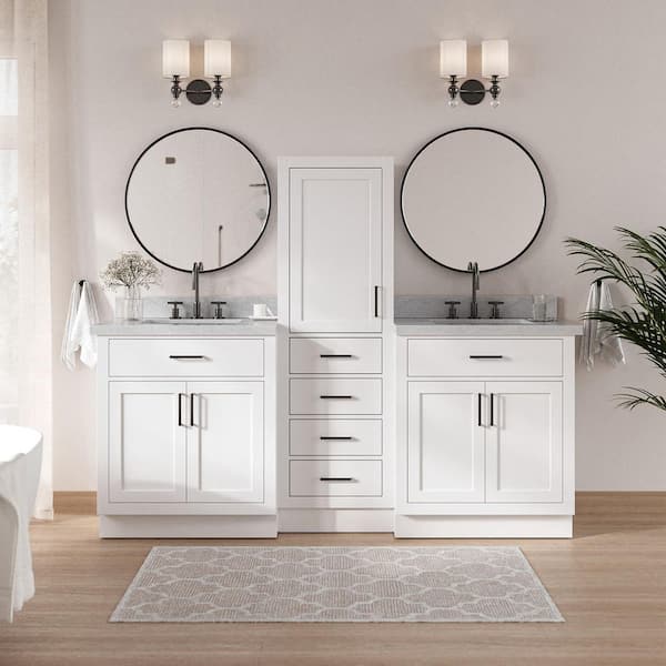 Hepburn 3-Piece 82 in. Wide Double Sink Bath Vanity And Linen Cabinet Set In White With Pure White Quartz Top