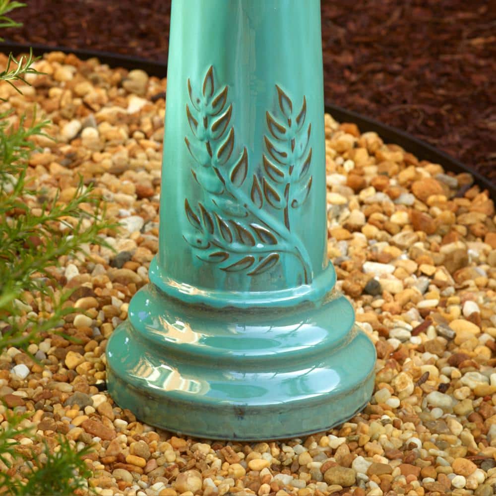 Minty Teal Ceramic Traditional Birdbath with Leaf Motif