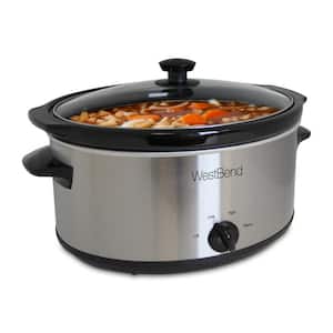 6 Qt. Oval Silver Manual Crockery Slow Cooker with Ceramic Cooking Vessel and Glass Lid