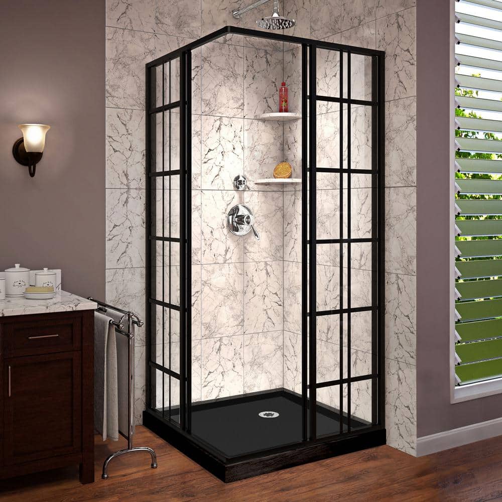 French Corner 42" Black Framed Sliding Shower Enclosure with Clear Glass
