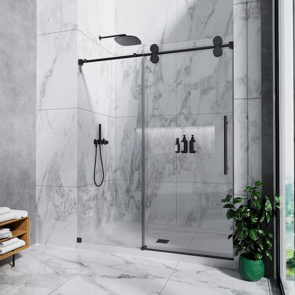 56 in.-60 in. W x 72 in. H Frameless Single Sliding Shower Door-5/16 in. Tempered Glass, Bypass Design with Matte Black