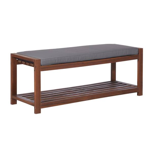 Walker Edison Furniture Company Dark Brown Wood Outdoor Patio Bench with Gray Cushion