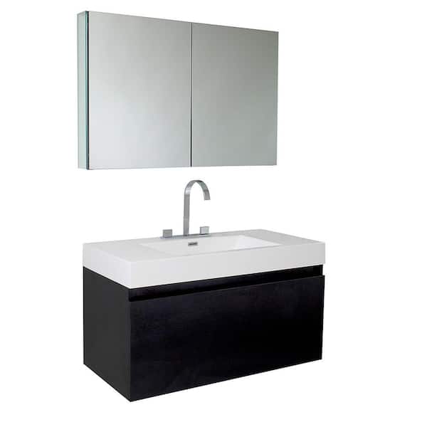 Fresca Mezzo 40 in. Vanity in Black with Acrylic Vanity Top in White and Medicine Cabinet