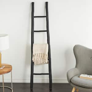 73 in. Tall Black Handmade Wood Slanted Ladder with Wider Base and Ball Feet