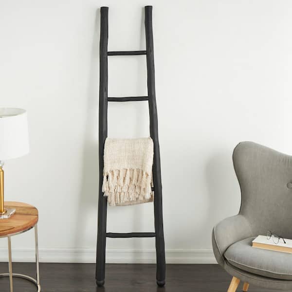 Litton Lane 73 in. Tall Black Handmade Wood Slanted Ladder with Wider Base and Ball Feet