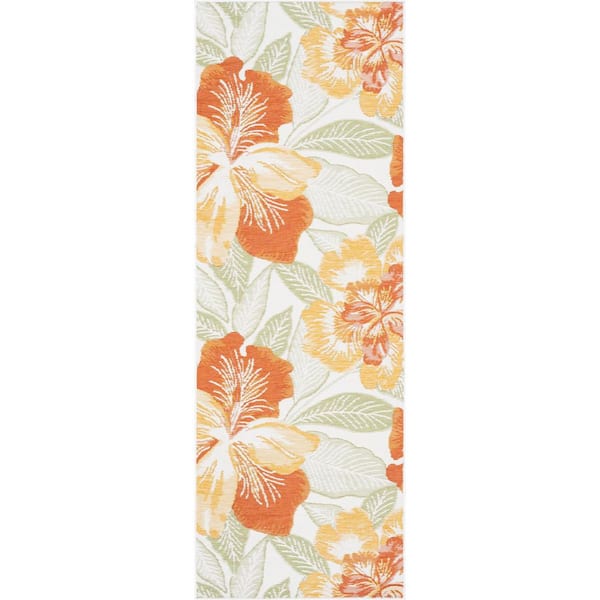 Tayse Rugs Flora Orange 2 ft. x 8 ft. Floral Indoor/Outdoor Area Rug