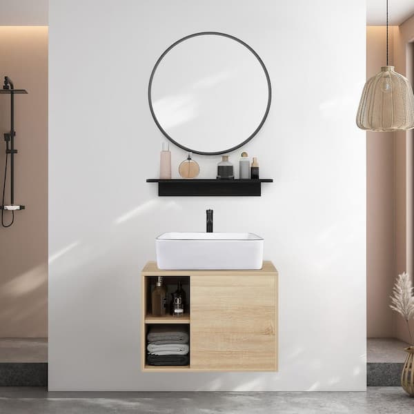24 in. W x 19 in. D x17 in. H Single Sink Burlywood Bath Vanity with White Rectangular Solid Surface Top Sink and Mirror