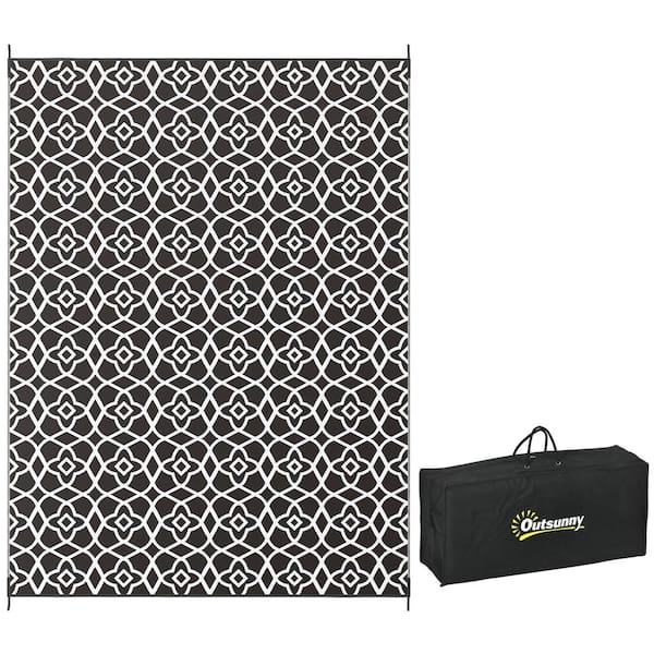 9' x 12' Reversible Outdoor Rug, Waterproof Plastic Straw Floor Mat Portable RV Camping Carpet in Black & White Clover