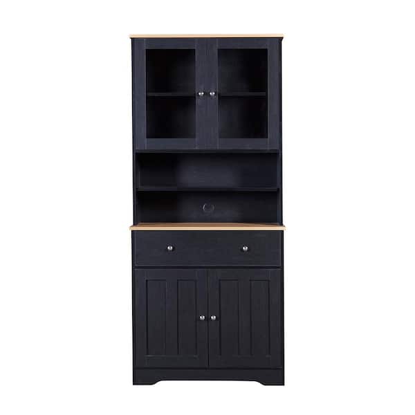 Tileon Black Multifunctional Pantry Cabinet MDF Storage Cabinet with Glass Doors, A Large Drawer and Adjustable Shelves