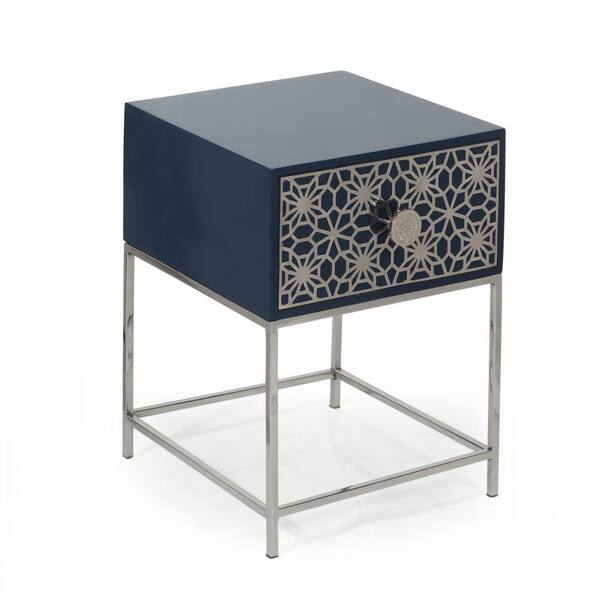 Noble House Rafter 1-Drawer Navy Blue and Nickel Moroccan Mesh Nightstand 21 in. x 16.5 in. x 15 in.