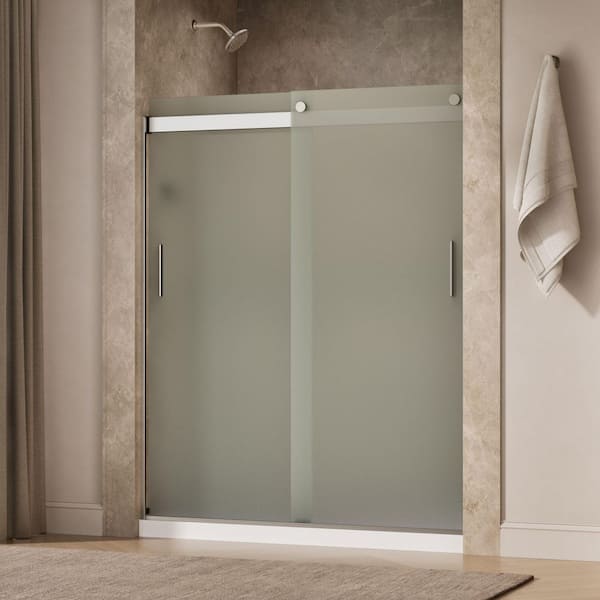 Levity 56-60 in. W x 74 in. H Frameless Sliding Shower Door in Nickel with 1/4 in. Thick Frosted Tempered Glass