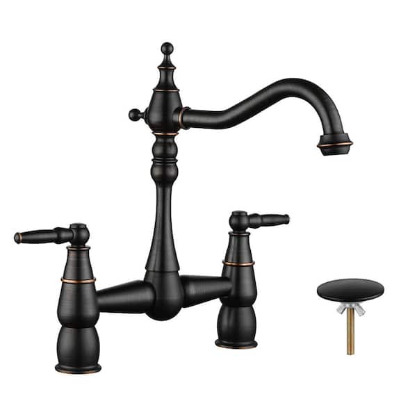 ARCORA Double-Handle Bridge Kitchen Faucet Deck-Mount with Sink Hole Cover in Oil Rubbed Bronze