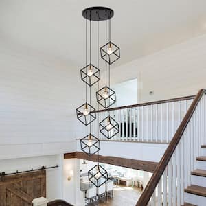 Rekha 7 Light Stairway Chandelier Black Geometric Cluster Pendant, Adjustable Cube Height, Staircase Minimalist Lamp