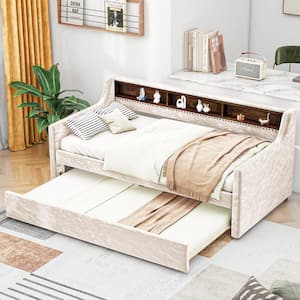 Beige Twin Size Wood Snowflake Velvet Upholstered Daybed with Twin Size Trundle, 3 Shelves