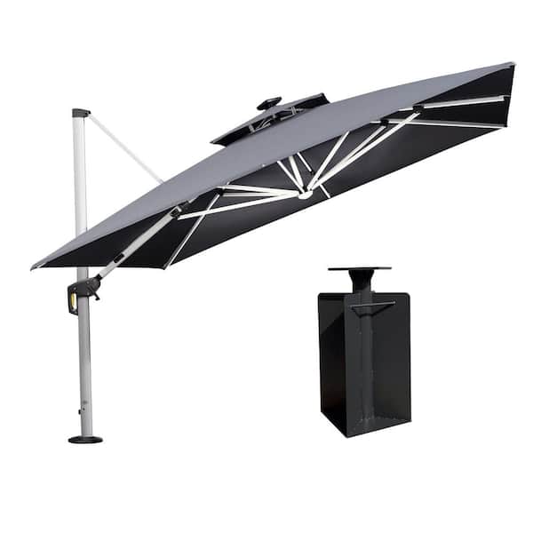 PURPLE LEAF 11 ft. Square Aluminum Solar Powered LED Patio Cantilever Offset Umbrella with Base in Ground, Gray