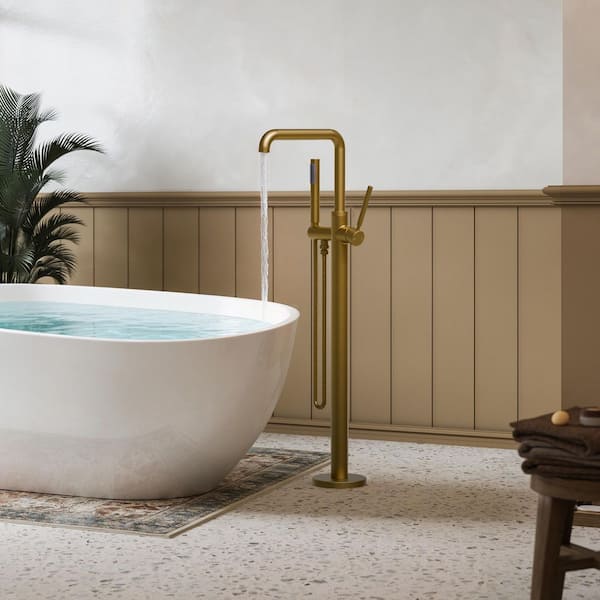 2-Handle Claw Foot Tub Faucets Floor Mount Freestanding Tub Faucet Bathtub Filler with Hand Shower in Brushed Gold