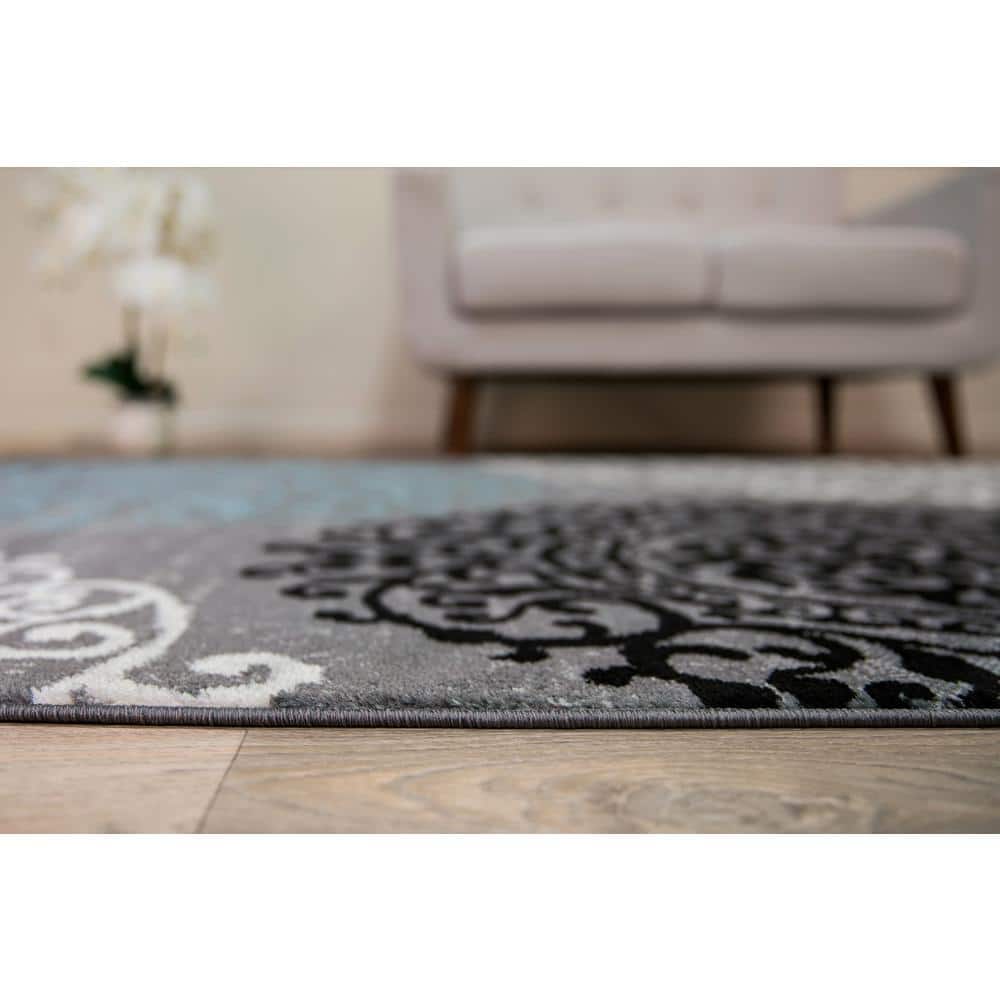 Gray and Blue Floral Synthetic Area Rug