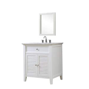 Shutter 32 in. Vanity in White with Marble Vanity Top in White Carrara with White Basin and Mirror