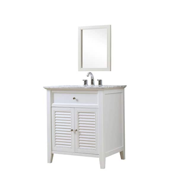 Direct vanity sink Shutter 32 in. Vanity in White with Marble Vanity Top in White Carrara with White Basin and Mirror
