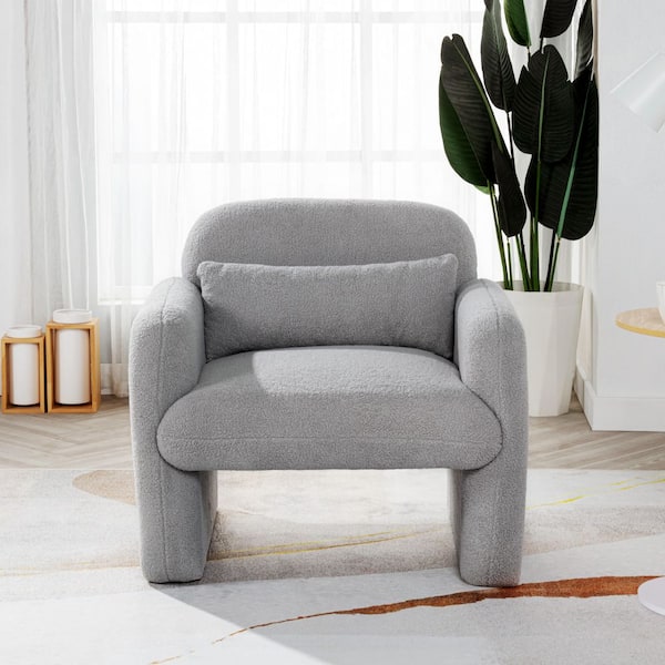 27.95 in. Modern Comfort Grey Square Armchair, Accent Chair Teddy Fleece Sofa Chair with Pillow and Armrests