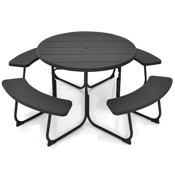 75 in. Black Round Iron Outdoor Picnic Tables Set with Built-in Benches, Umbrella Hole & Waterproof Top, Seats 8 People