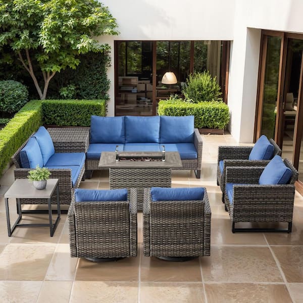 U-Series 9-Piece Outdoor Gray Wicker Sofa PE Rattan Wicker Patio Conversation Set with Cushion Guard Cushions (Blue)