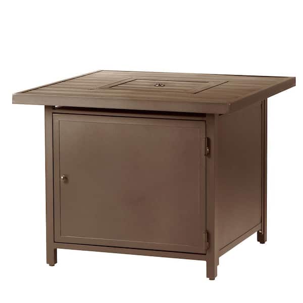 32 in. x 32 in. Brown Square Aluminum Propane Fire Pit Table with Glass Beads, 2 Covers, Lid, 37,000 BTUs