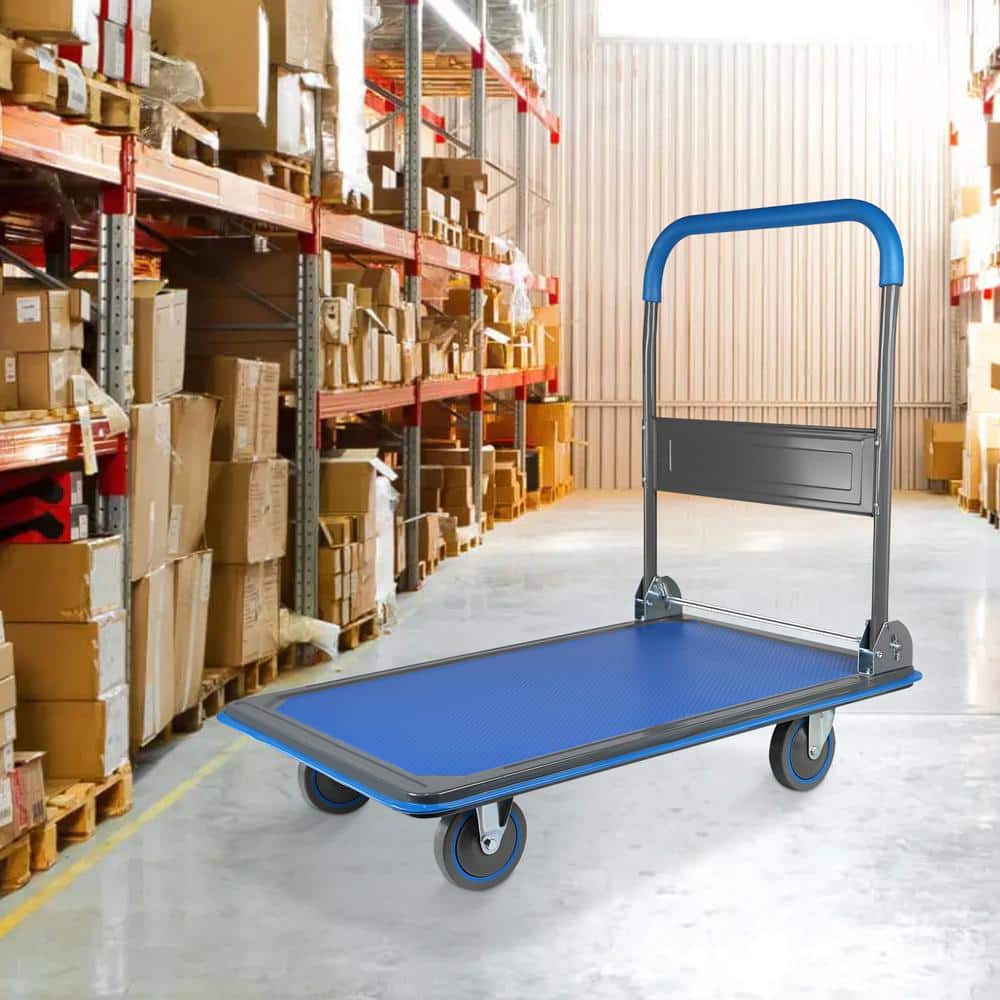 Blue Steel Foldable Platform Truck with Handle and 660 lb Capacity