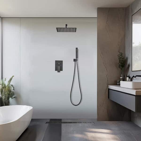 Rainfall 1-Spray Square 10 in. Shower System Shower Head with Handheld in Black (Valve Included)