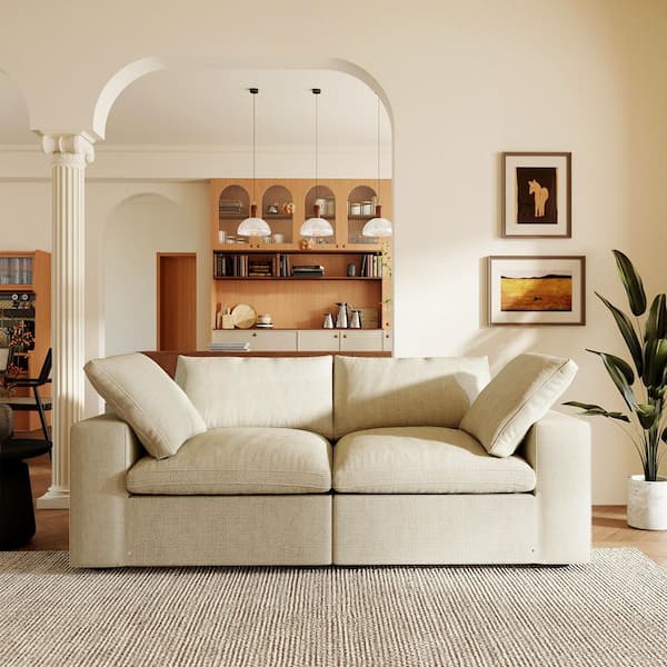 Magic Home Deep Seat Cloud 79 in. Square Arm Soft Linen 2-Piece Loveseat Cloud Modular Sectional Sofa with Washable Cover in. Kahki