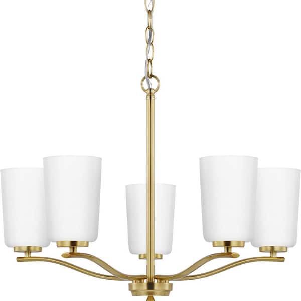 Progress Lighting Adley Collection 5-Light Satin Brass Etched White Glass New Traditional Chandelier
