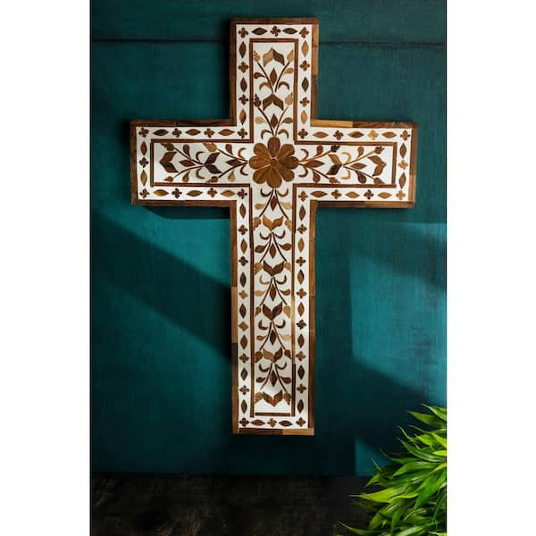 GAURI KOHLI Jodhpur Wood Inlay Wall Cross Decorative Sign GK61040