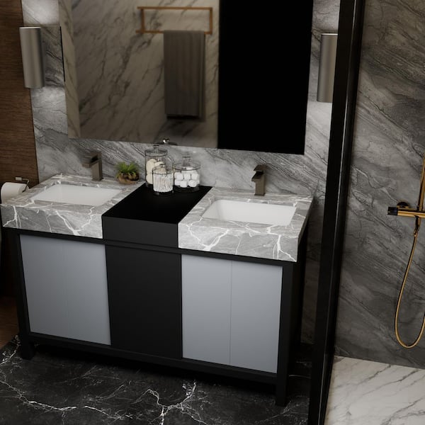 Zilara 55 in x 22 in D Black and Grey Double Bath Vanity, Castle Grey Marble Top, Gun Metal Faucet Set and 53 in Mirror