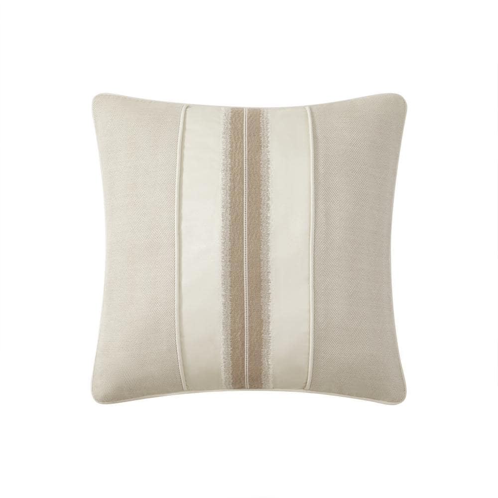 Ivory and Beige Embroidered Square Polyester Pillow