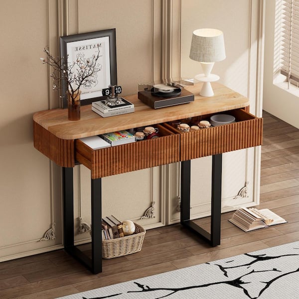Harper & Bright Designs 42 in. Natural and Black Rectangle Solid Wood Entryway Table Fluted Design Modern Console Table with Drawers, Metal Legs