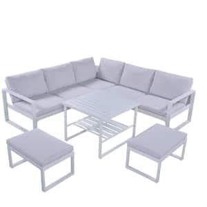 White 6-Piece Metal Outdoor Sectional Set with White Cushions