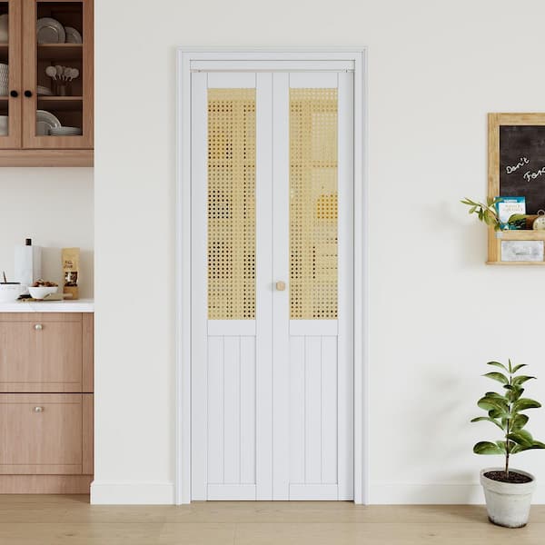 30 in. x 80 in. Paneled Solid Core White Finished Wood and Imitated Rattan Weaving Bi-Fold Door with Hardware