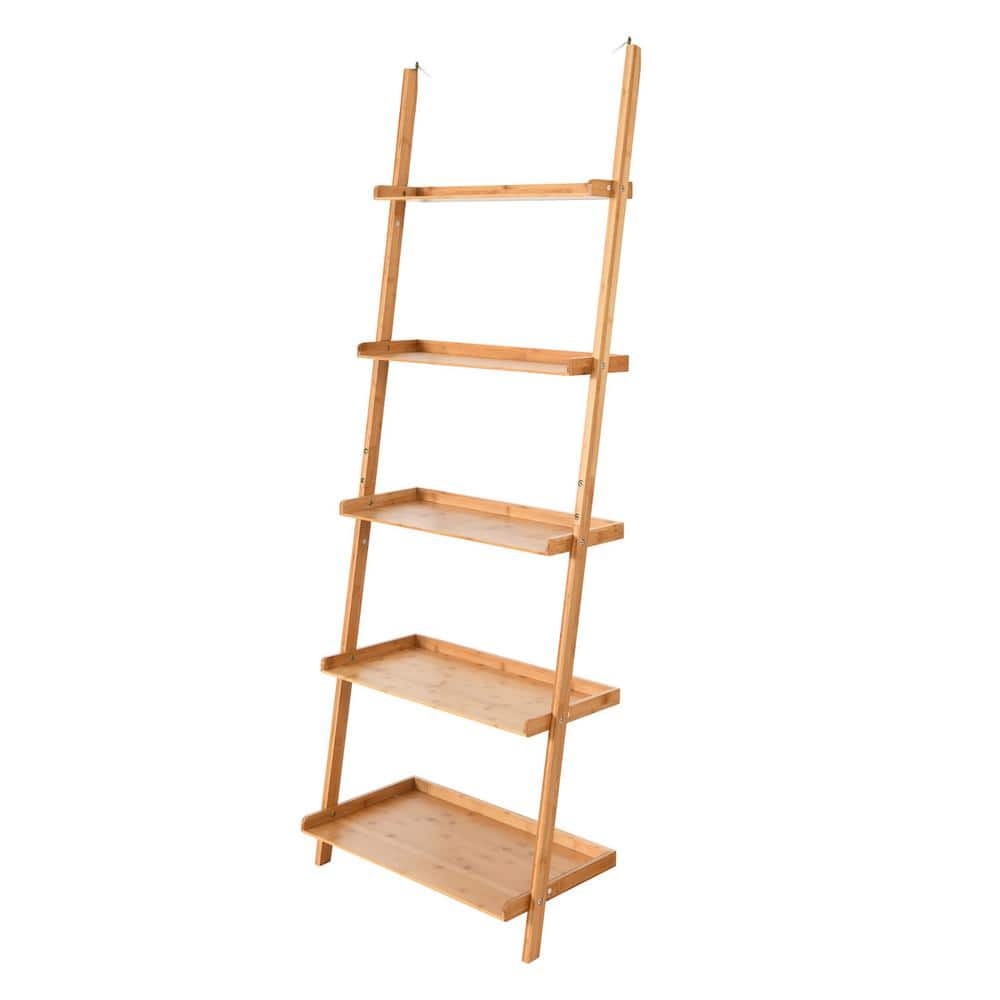Costway 71 in. Natural Bamboo 5 Shelf Ladder Bookcase with Wall