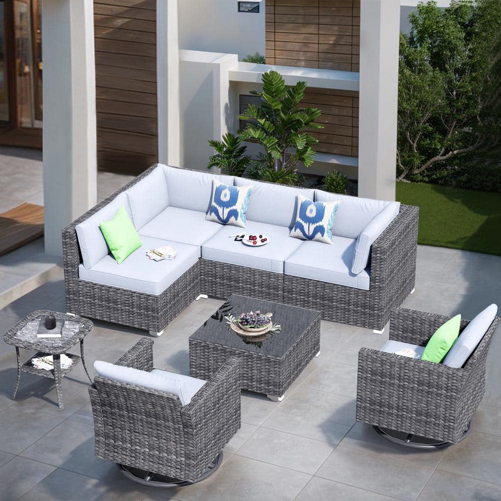 Artemis Gray 8-Piece Wicker Patio Conversation Seating Sofa Set with Gray Cushions and Swivel Rocking Chairs