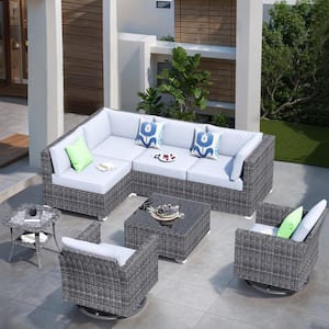 Artemis Gray 8-Piece Wicker Patio Conversation Seating Sofa Set with Gray Cushions and Swivel Rocking Chairs