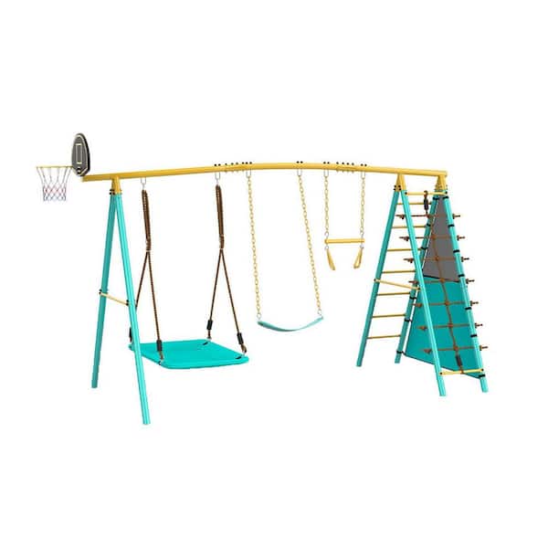 Metal Outdoor Swing Set with 2 Swings, Climbing Ladder, Nets, Trapeze Bar, Soccer Goals and Basketball Hoop for Kids
