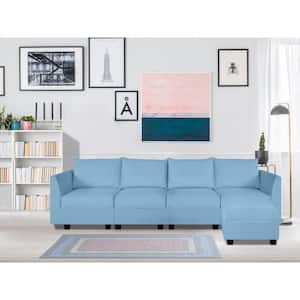 56.1 in. Linen Contemporary 4-Seater Upholstered Sectional Sofa Bed with Ottoman in. Robin Egg Blue