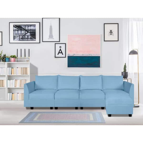 MAYKOOSH 56.1 in. Linen Contemporary 4 Seater Upholstered Sectional Sofa Bed with Ottoman in. Robin Egg Blue 57011MK