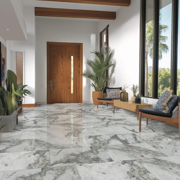 Delle Croccante Rectangle 16 in. x 32 in. Polished White Porcelain Marble Look Floor and Wall Tile (14.2 sq. ft./Case)