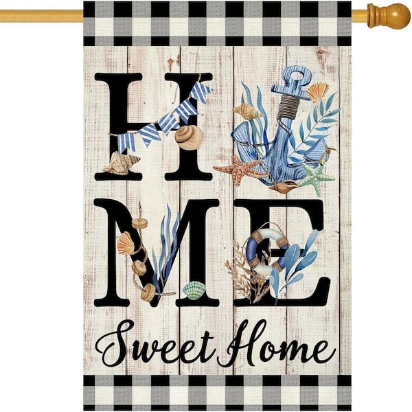 Beach House Flag 28 x 40 in. Double Sided Burlap Home Sweet Home Blue Anchor Starfish Shells Coastal (Large)